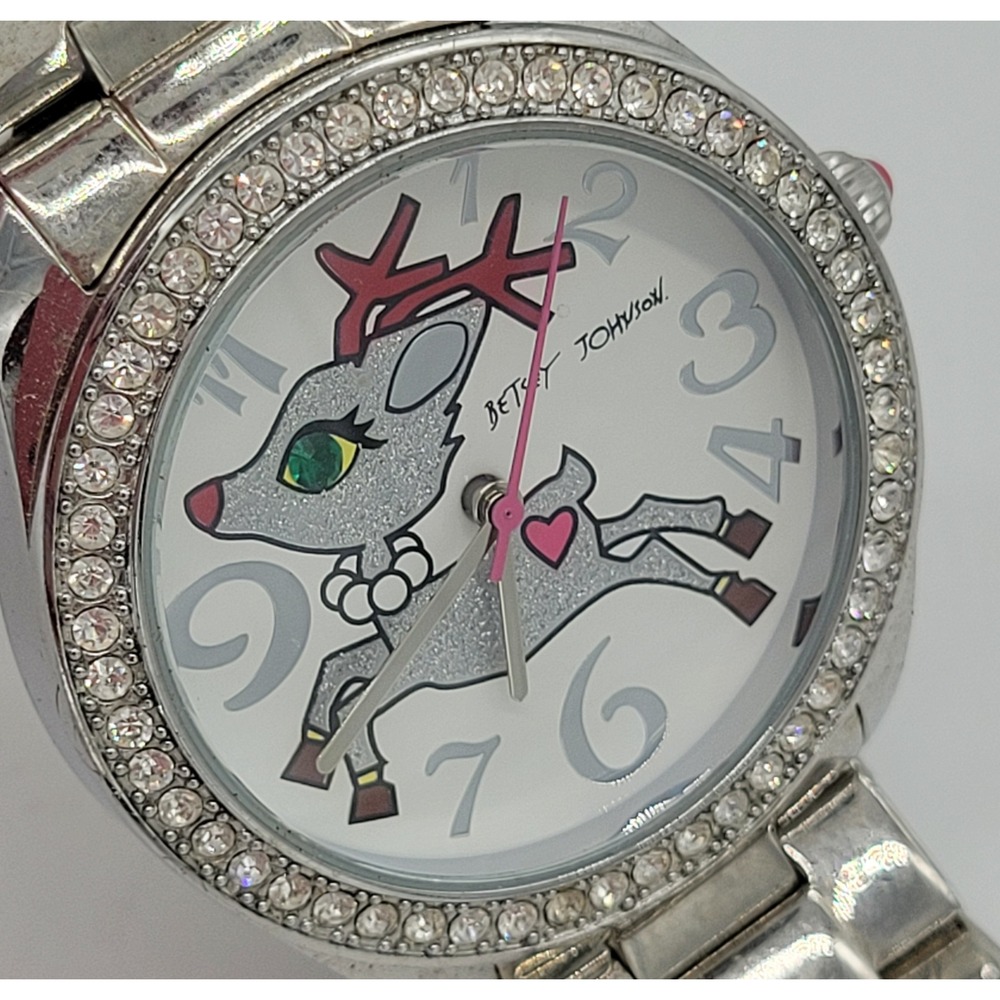 Betsey Johnson Reindeer Watch Silver Tone Rhinestone Bezel Glitter Holiday Dial